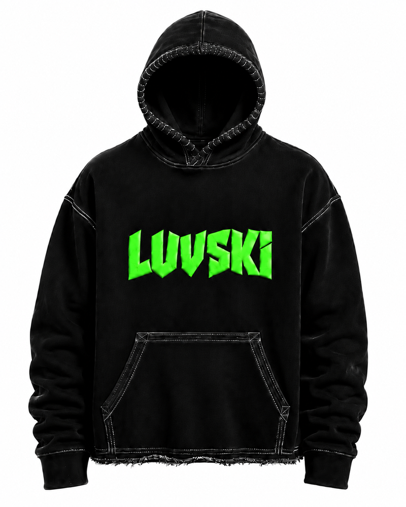LUVSKI Cropped Heavyweight Hoodie - Black and Bright Green