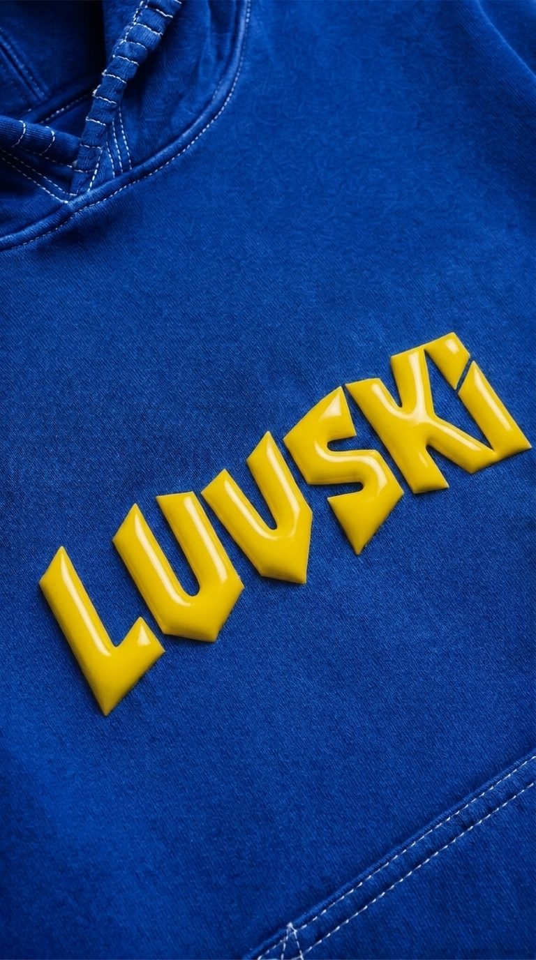 LUVSKI Cropped Heavyweight Hoodie - Blue and Yellow - Detail