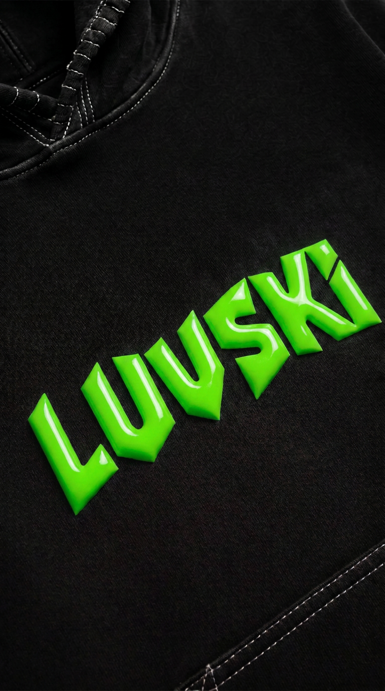 LUVSKI Cropped Heavyweight Hoodie - Black and Bright Green - Detail