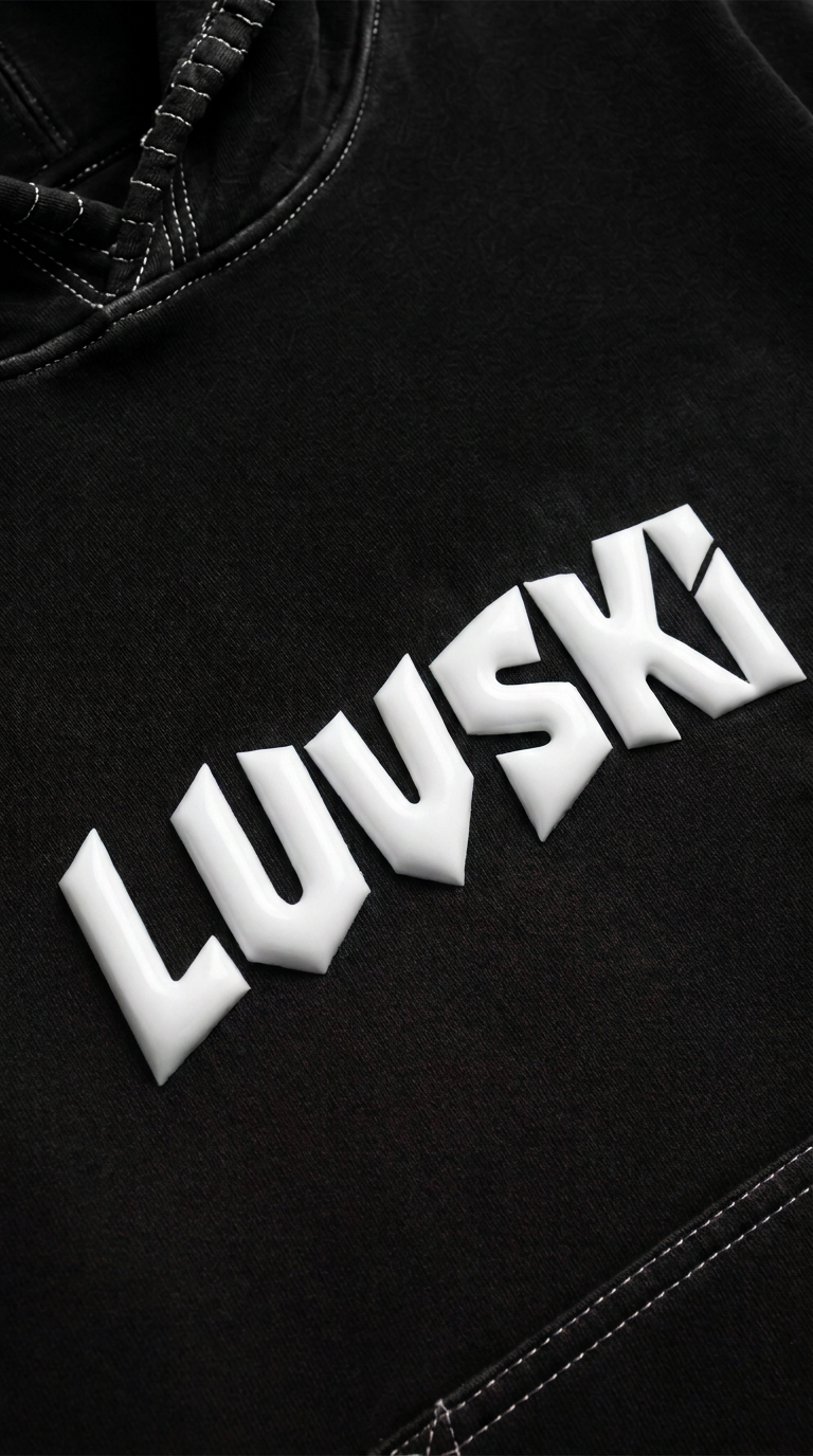 LUVSKI Cropped Heavyweight Hoodie - Black and White - Detail