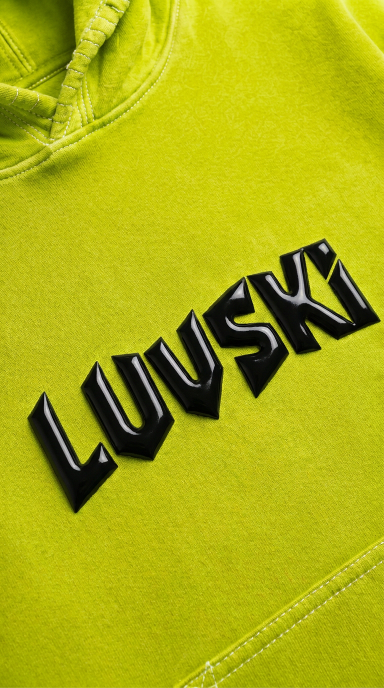 LUVSKI Cropped Heavyweight Hoodie - Neon and Black - Detail