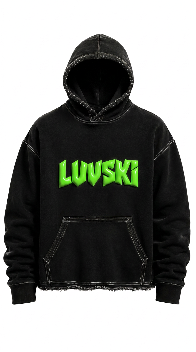 LUVSKI Cropped Heavyweight Hoodie - Black and Bright Green