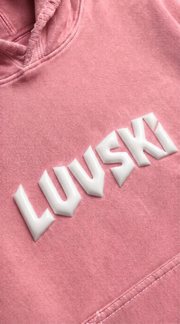 LUVSKI Cropped Heavyweight Hoodie - Pink and White - Detail