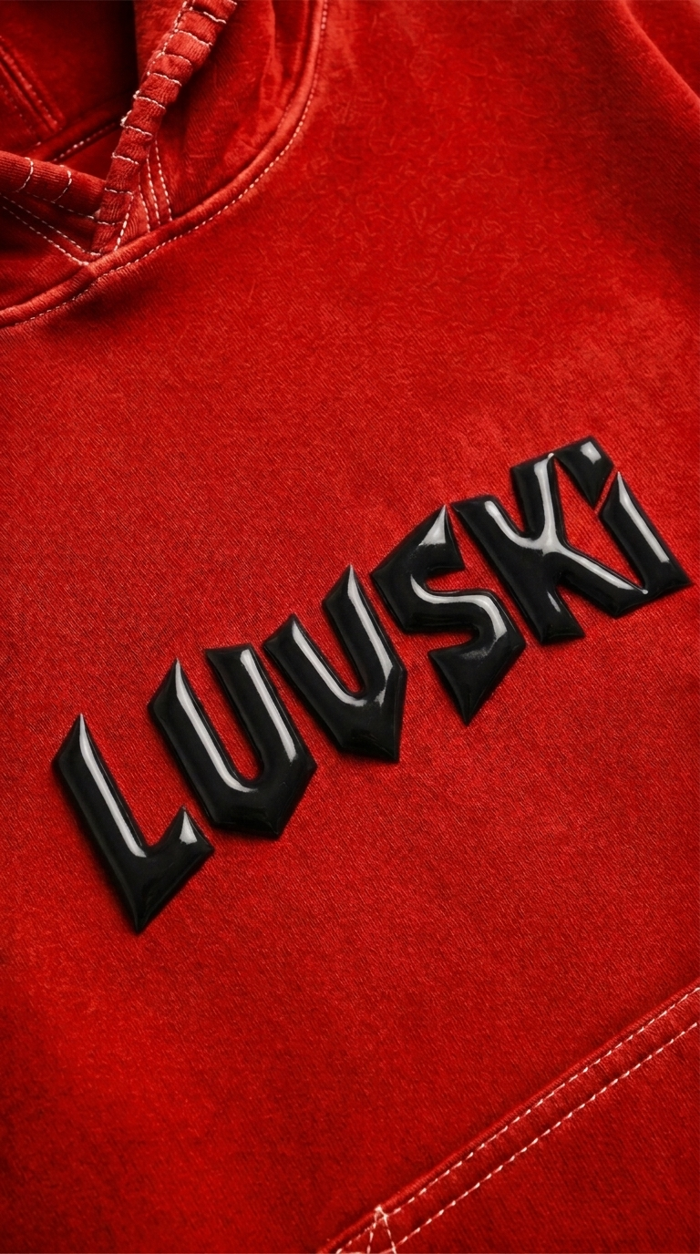 LUVSKI Cropped Heavyweight Hoodie - Red and Black - Detail